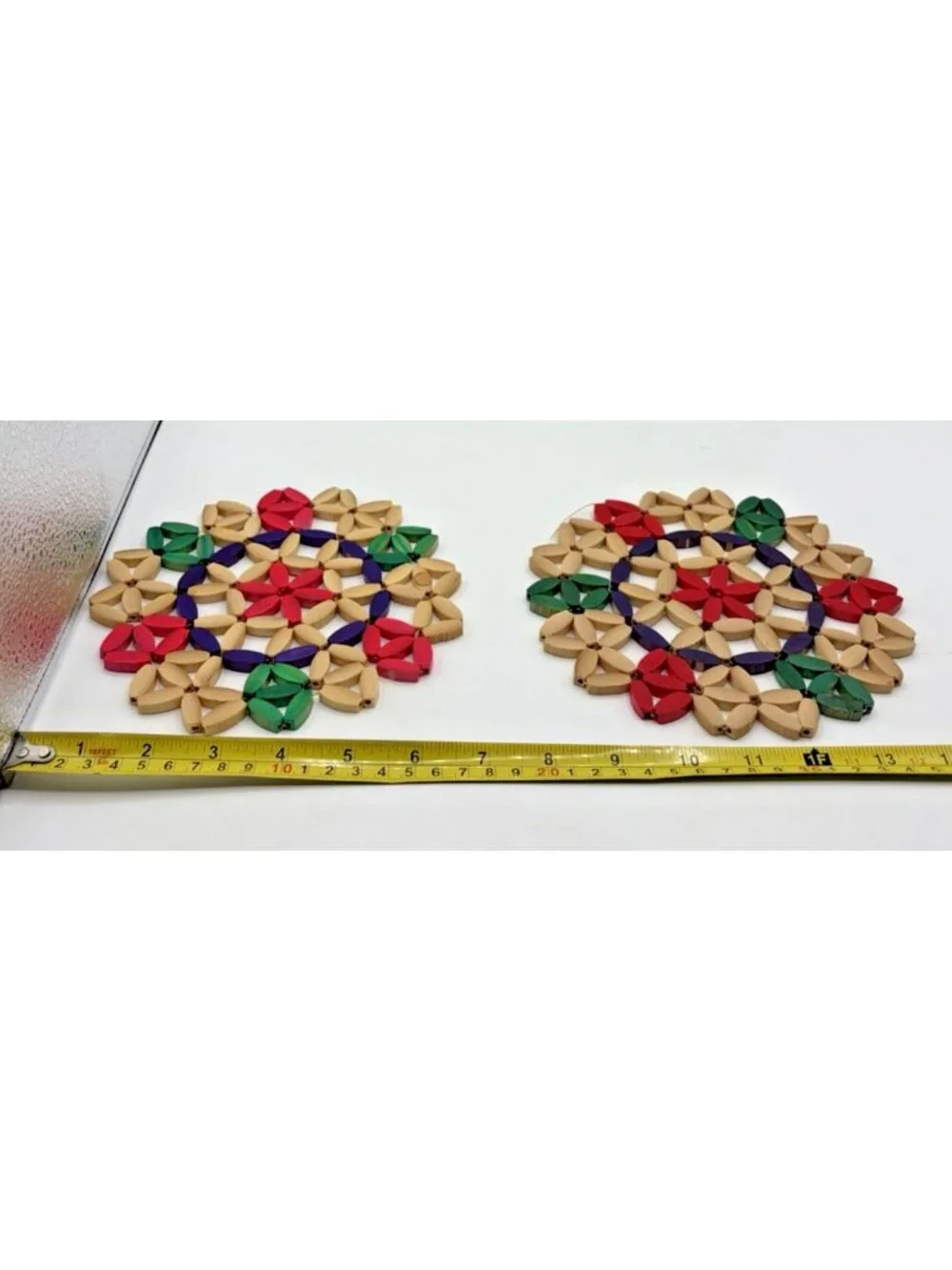 Vintage Folk Art Wooden Bead Trivets Red Green Natural Lot of 2 Hot Pad Pot Mat